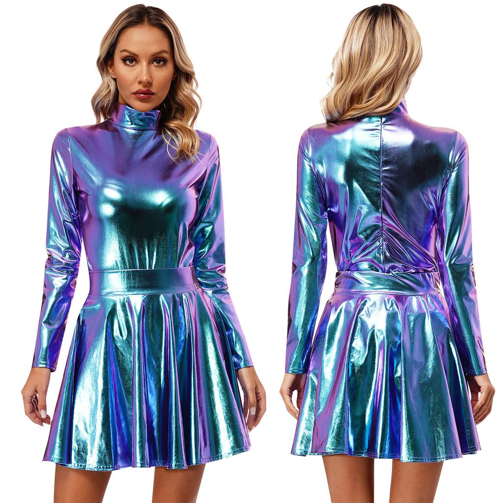 Женские рейв-наряды с блестящим металлическим купальником с длинными рукавами и расклешенной юбкой для музыкальной вечеринки в клубе