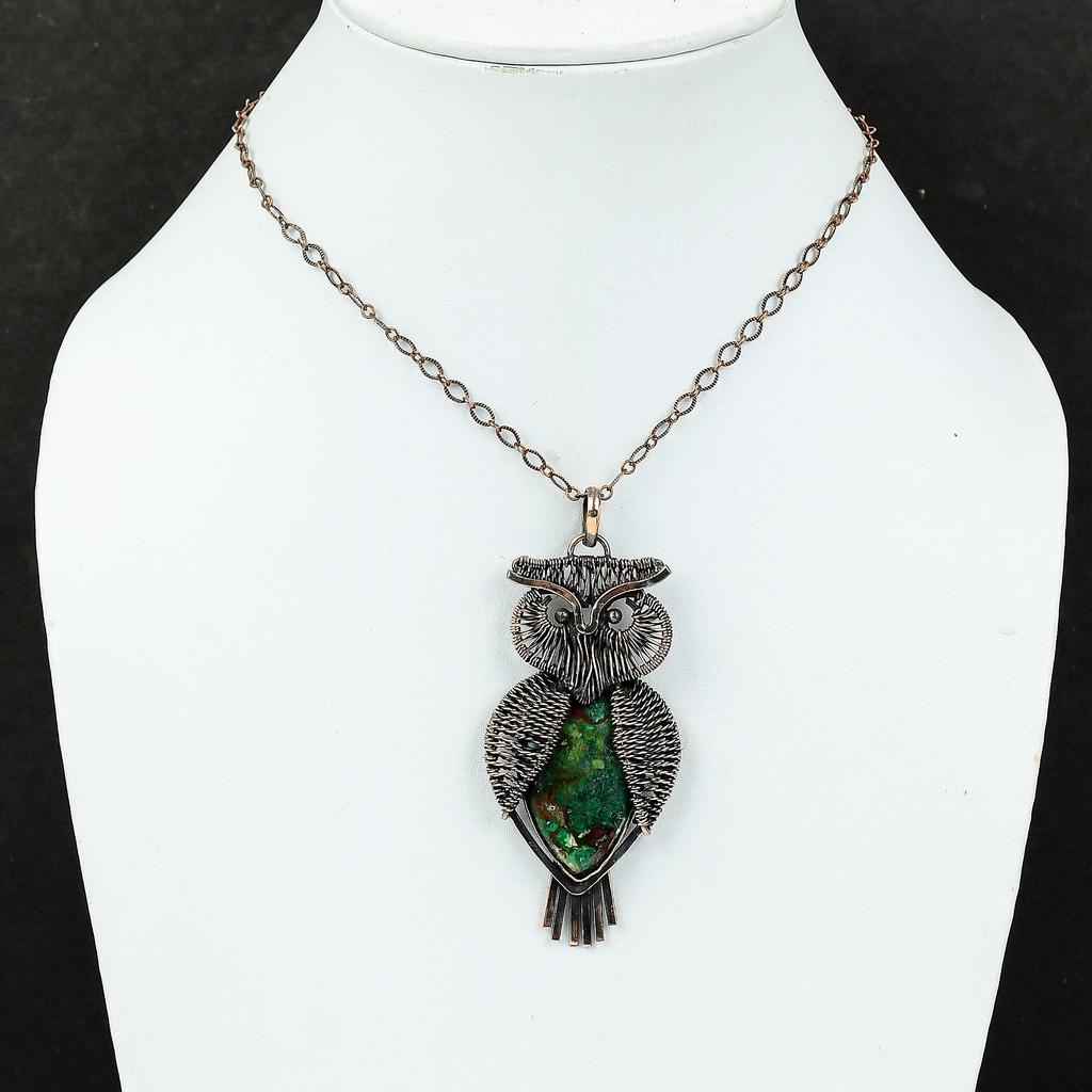 Кулон из куприта и хризоколлы, обернутый медной проволокой, драгоценный камень, медное ювелирное изделие, кулон в виде совы, кулон ручной работы, обернутый проволокой, ювелирное изделие, подарок для нее