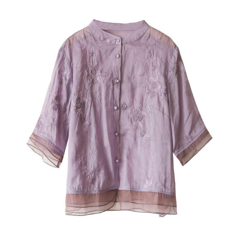 Летний литературный и ретро вышитый хлопково-льняной топ, рукав семь четвертей, этнический стиль, рубашка с вставками, женственный темперамент