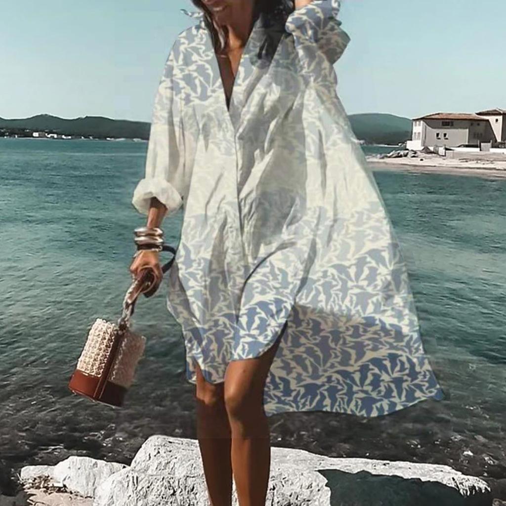 Women Summer Bohemian Dress Casual Print Shirt Dress For Women Fashion Long Sleeve Beach Hawaiian Cover Ups Dresses Clubwear Button Down