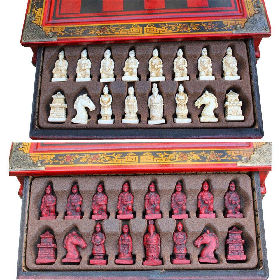 Top Grade Wood Chess Set Carving Resin Terra Cotta Warriors Pieces International Chess Wooden Desk Drawer Chessboard Board Games 