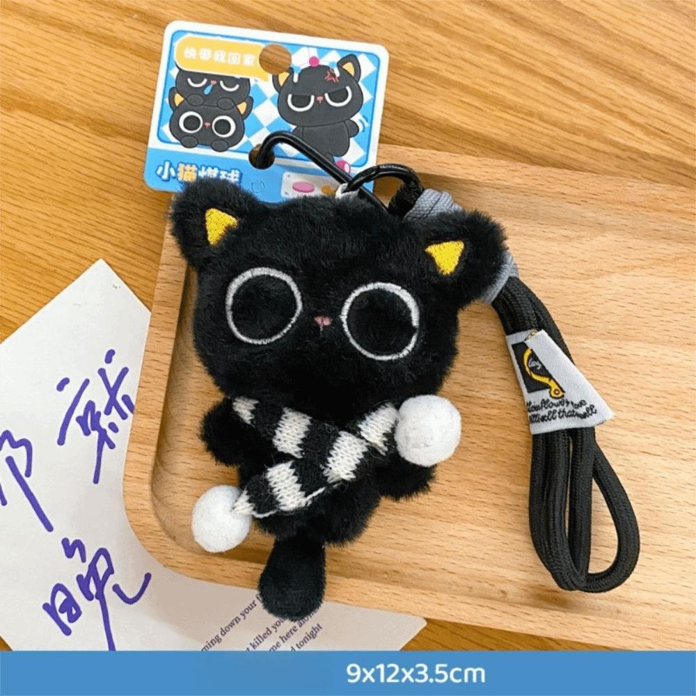 Stripe Scarf Black Cat Plush Keychain Soft Car Key Ring Doll Bag Pendant  School Bag Decoration