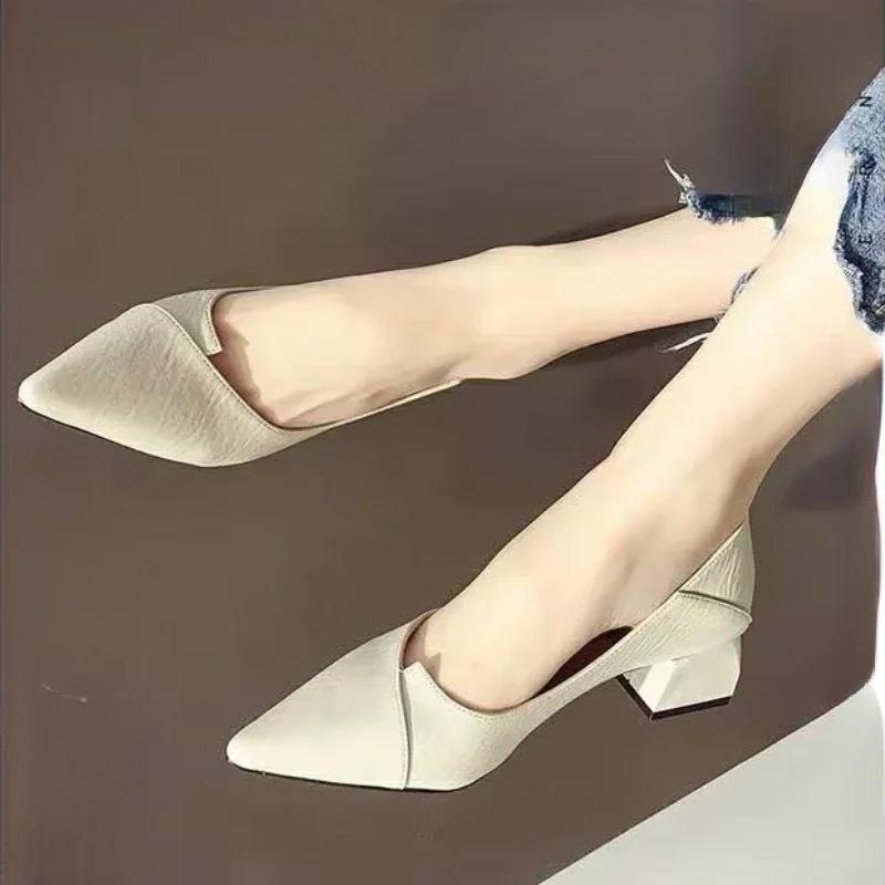 2024 Новые женские туфли с острым носком на среднем каблуке, туфли с неглубоким носком, модные женские туфли на высоком каблуке
