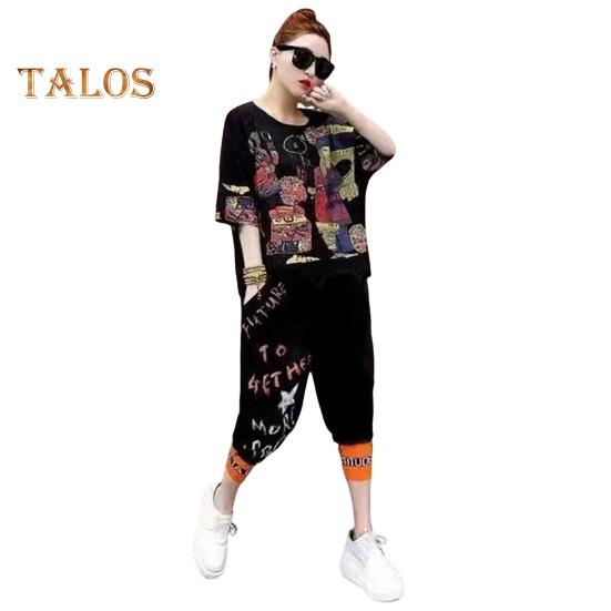 Женская футболка, комплект из 2 шт./компл., комплект брюк в стиле хип-хоп с принтом и V-образным вырезом, топ с короткими рукавами, укороченные брюки с ремешками на щиколотке, уличная одежда, дорожная повседневная одежда