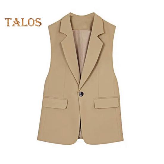 Женский костюм, жилет, застежка на одну пуговицу, кардиган без рукавов с v-образным вырезом и лацканами, средней длины, однотонное деловое деловое пальто для поездок на работу