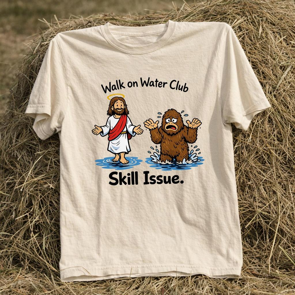 Funny Jesus Bigfoot Shirt, Walk on Water Club Tee, Skill Issue Meme Shirt, Religious Humor Shirt, Sasquatch Funny Graphic Tee, Viral Meme.