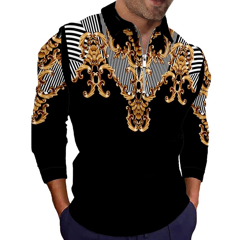 Брендовая мужская рубашка поло с длинным рукавом, весна-осень 2022, повседневная модная рубашка поло с золотым узором и принтом для мужчин