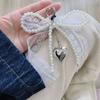 Sweet Handmade White Beaded Bowknot Lace Bag Charm Imitation Pearl Heart Pendant Keyring Exquisite Backpack Keyring Decorations