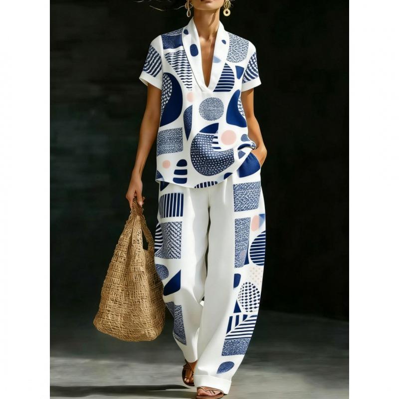 TEMU Hot Sale Women's V-Neck Pullover Short Sleeve Pants Set India Two-piece Set 1D Digital Printing