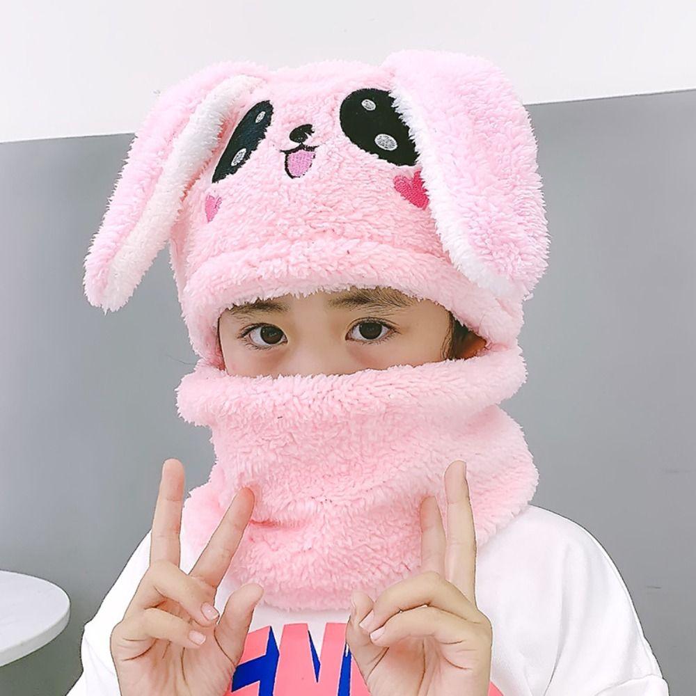 Plush Coral Velvet Cap Cartoon Rabbit Baby Scarf Hat Winter Warm Neck Cap Children