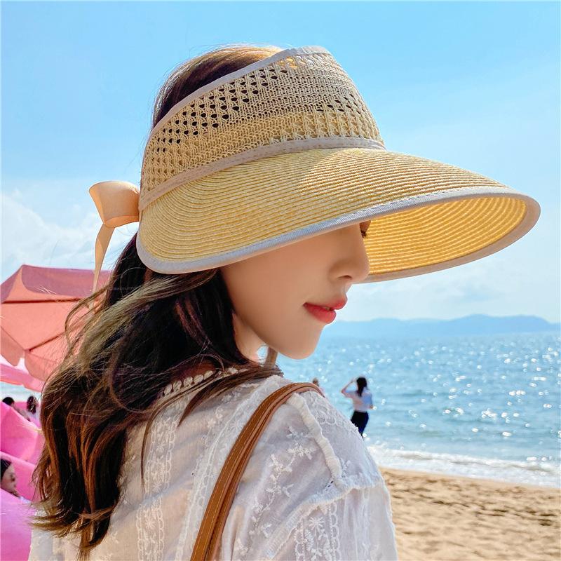 New Summer Women Fodable Straw Hats Fashion Bowknot Sun Hat Hollow Out Beach Caps For Female Visor Empty Top Panama Hat