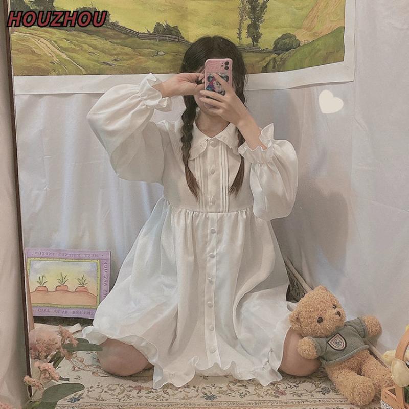 Платье Kawaii Sweet Lolita, белые платья с длинными рукавами, весна-осень, оборки, воротник Питера Пэна, свободное платье на пуговицах в консервативном стиле