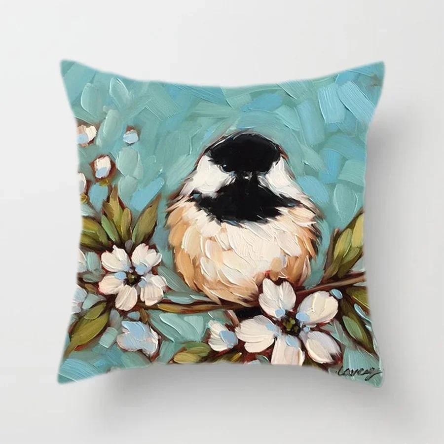 Cute Bird And Flower Pattern Double-Sided Printed Pillow Cover Short Plush Suitable Living Rooms Bedrooms Throw Cushion Cover