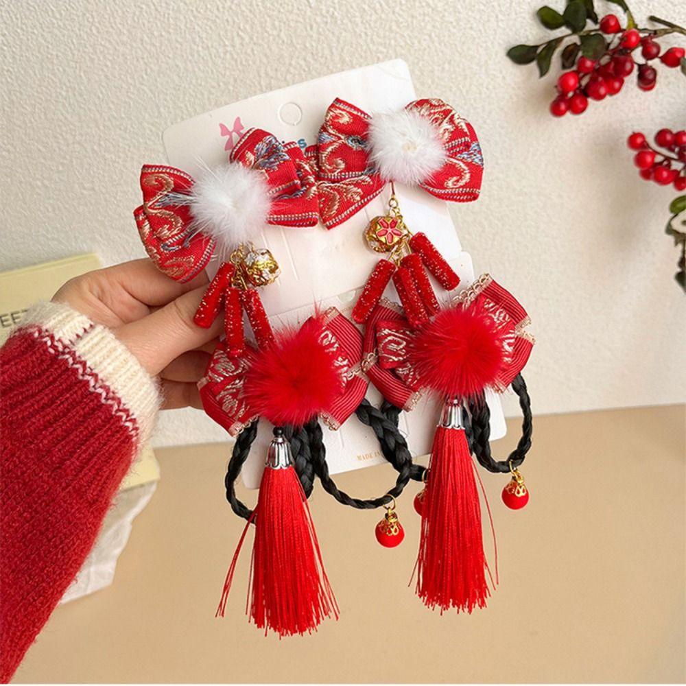 2 шт. Цветочная кисточка Детская заколка-бант Заколка для волос в китайском стиле Коса-парик Боковой зажим Ханфу Девочки