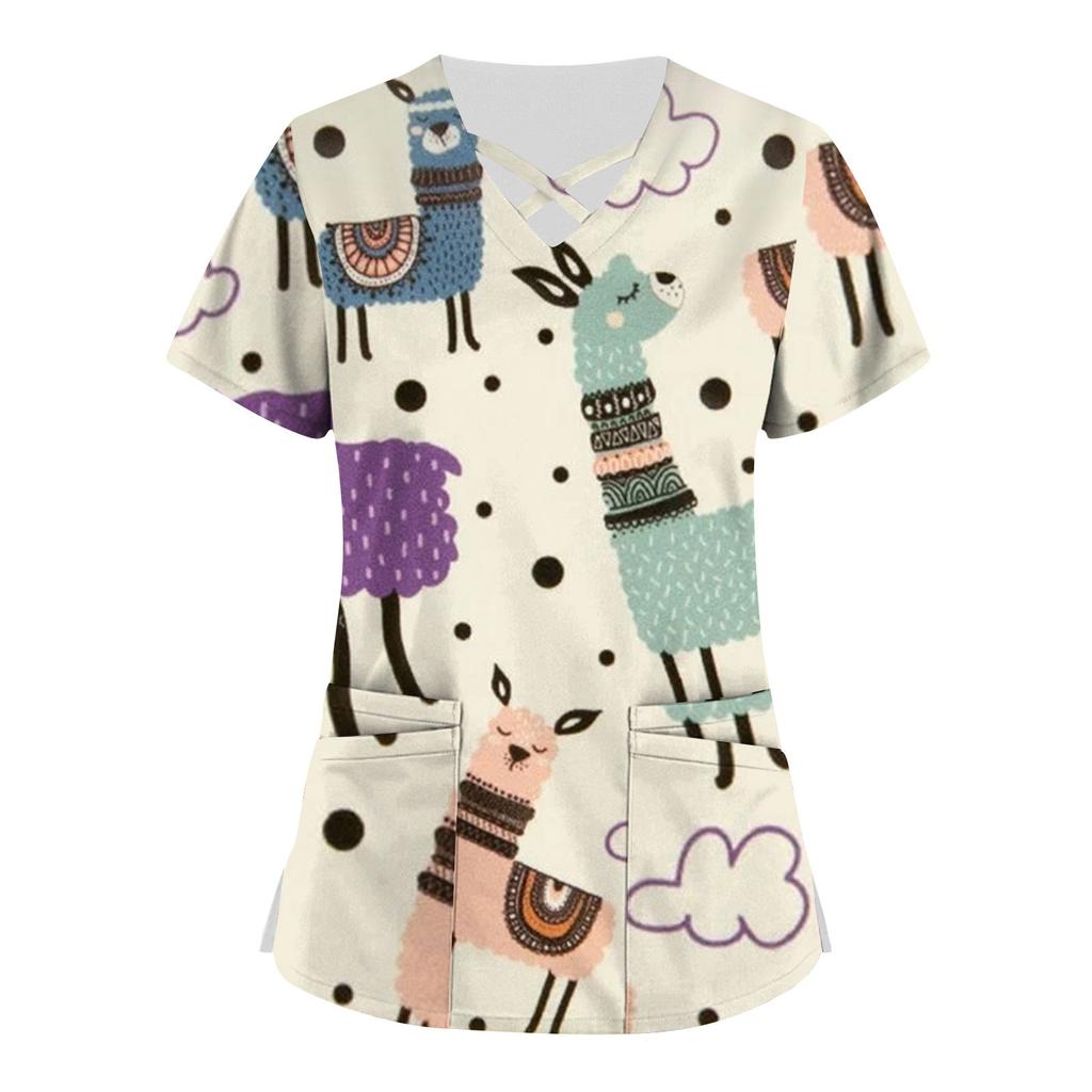 Плюс размер, милая рабочая форма с принтом, топы для женщин, забавные футболки с перекрестным v-образным вырезом и короткими рукавами, рабочая одежда, футболка с карманами