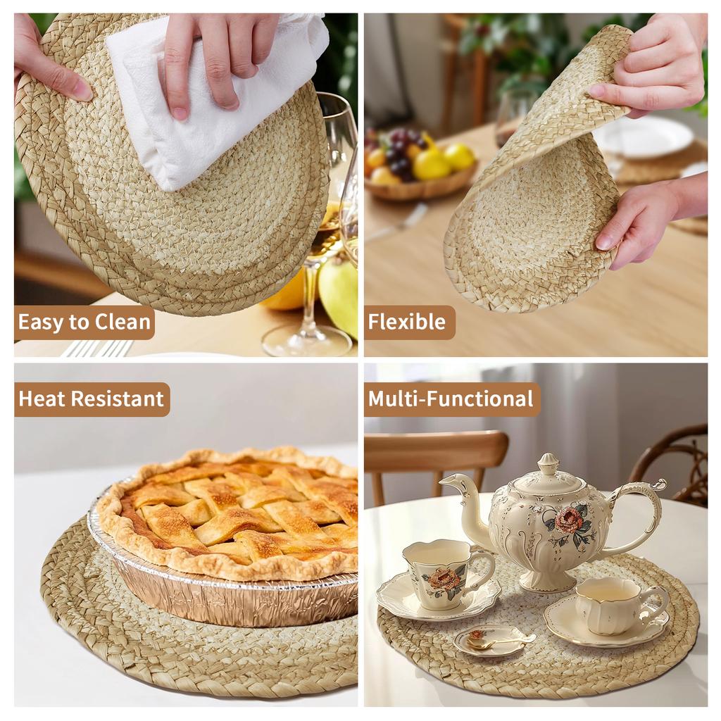 Set of 6 Boho Placemats with Coastor Handmade Natural Water Straw Woven Table Mats Farmhouse Style Placemats for Dining Table