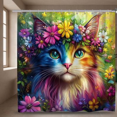 1 шт. Яркая Цветочная Кошка Шторка для Душа - Полиэстер, Машинная Стирка, Цветная Цифровая Печать с Крючками, Модный Домашний Декор