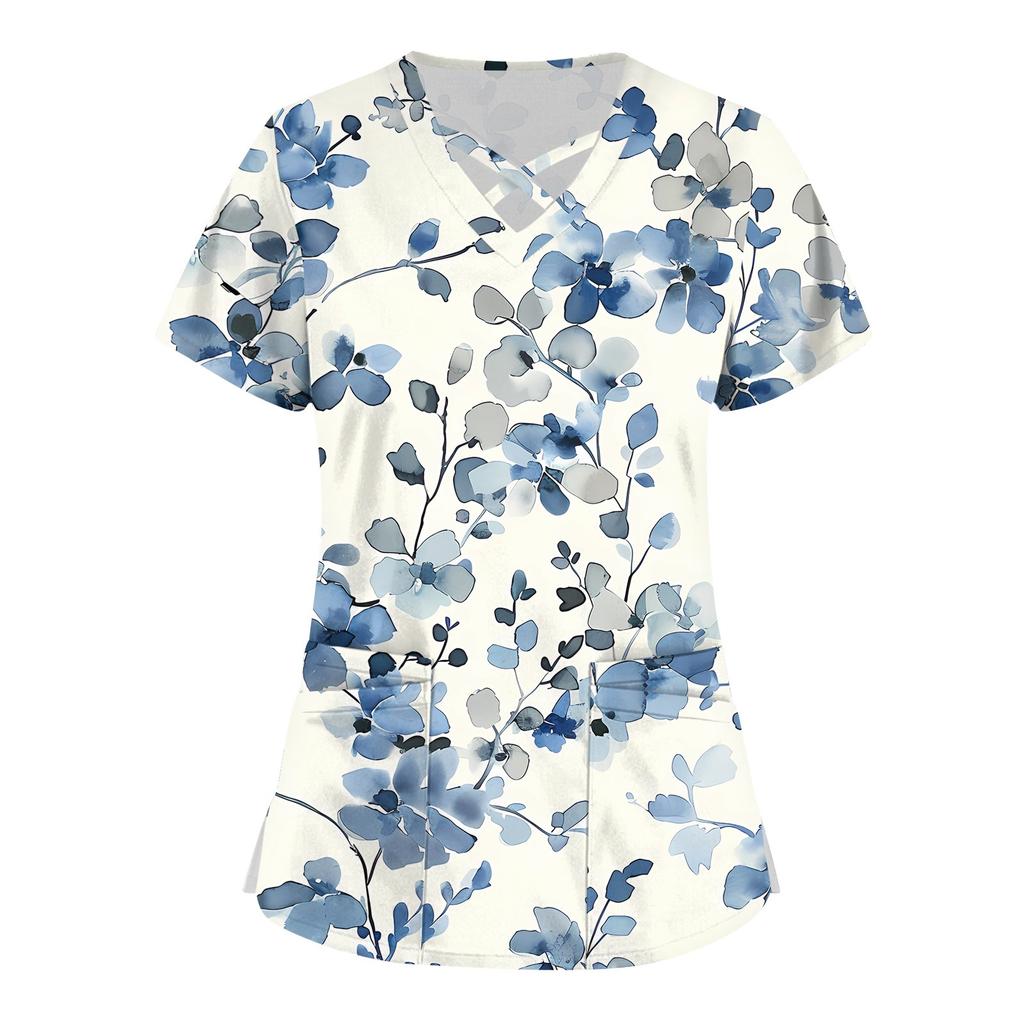 Women's Short Sleeve Stagger V Neck Print Pocket Dry-nurse Top
