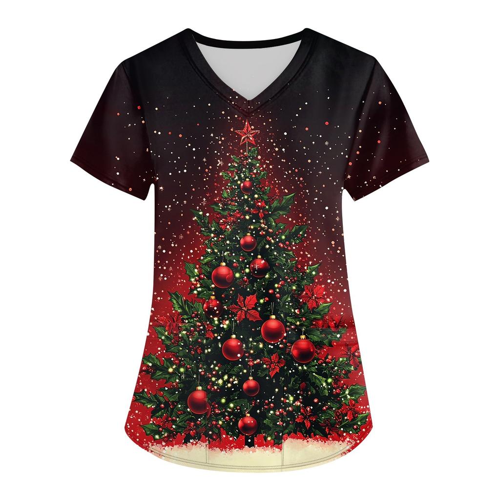Женская мода с v-образным вырезом, короткими рукавами и карманами, топы с рождественским принтом