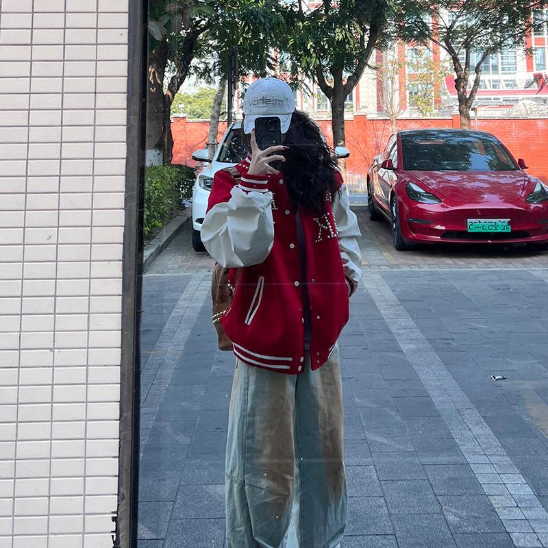 Женская нишевая трендовая свободная красная бейсбольная куртка - Дизайн Весна 2025