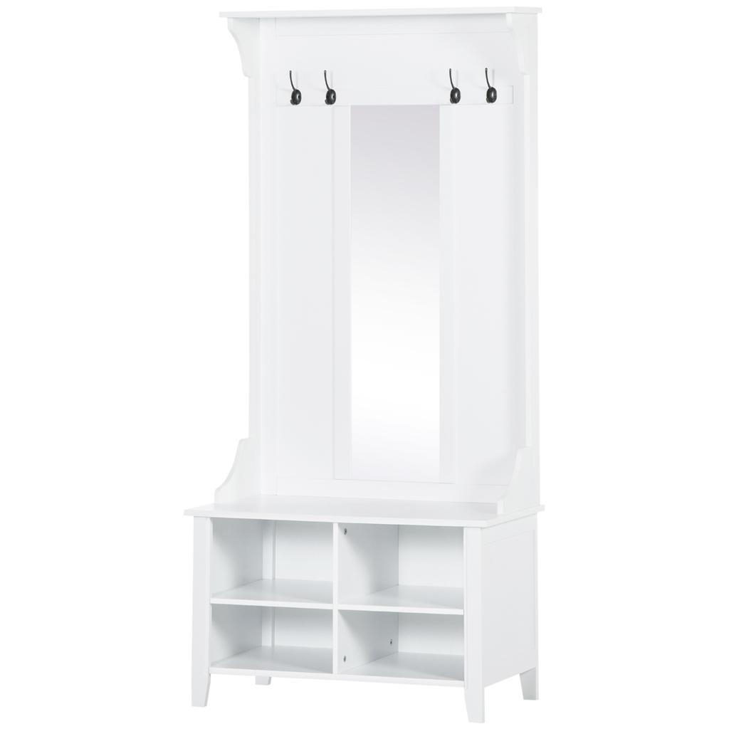 Standing Coat Rack with Mirror Shoe Rack 4 Hooks Wood 80x40x170cm White