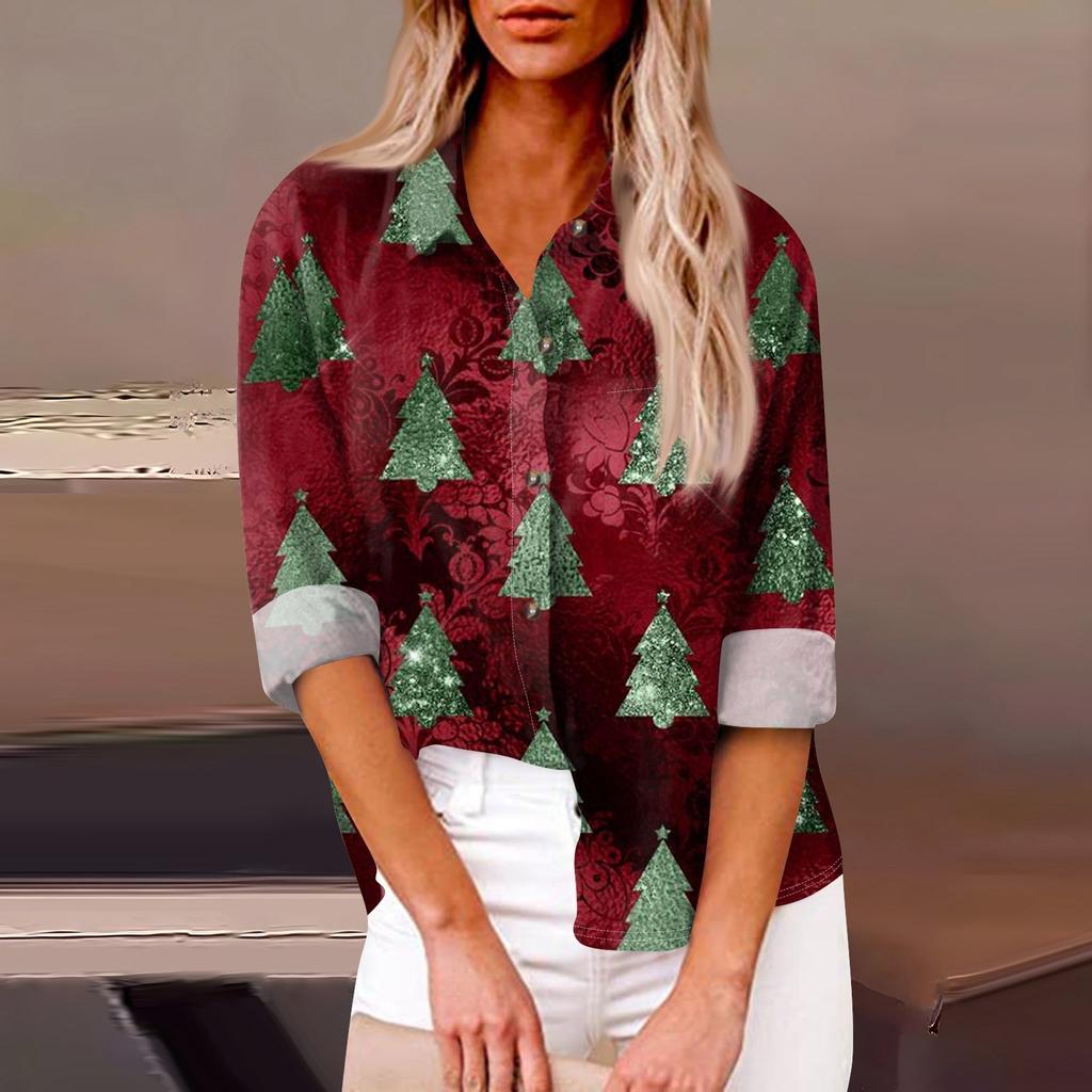 Женская свободная повседневная рубашка с длинными рукавами и рождественским принтом, кардиган с принтом и карманами