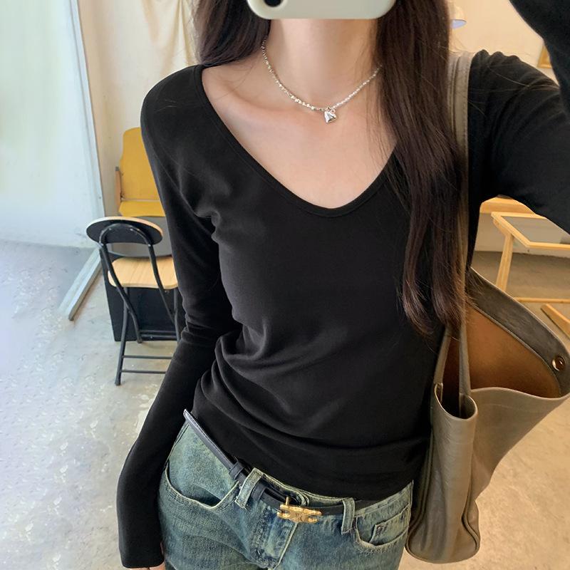 Повседневный стиль, новая белая футболка с U-образным вырезом и длинными рукавами, женская, начало осени, новый облегающий топ, тренд