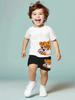 Summer Children's Clothing Set Cartoon Tiger Print round Neck T-Shirt Top with Elastic Waist Solid Color Shorts for Kids
