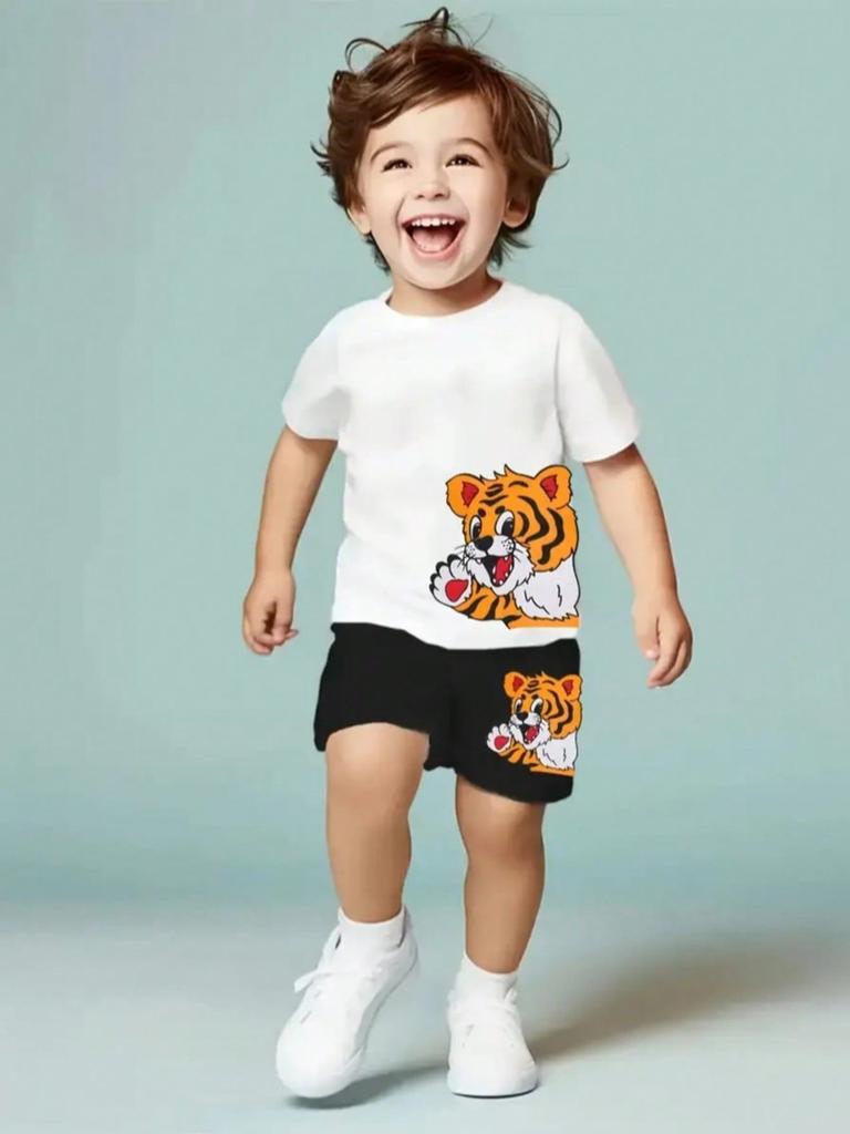 Summer Children's Clothing Set Cartoon Tiger Print round Neck T-Shirt Top with Elastic Waist Solid Color Shorts for Kids