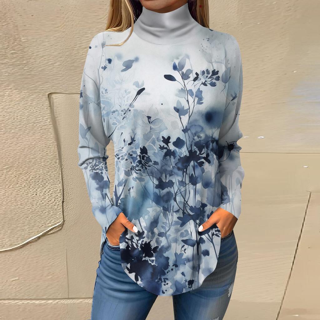 Женская модная повседневная футболка с длинным рукавом с высоким воротом и принтом, пуловер, топ