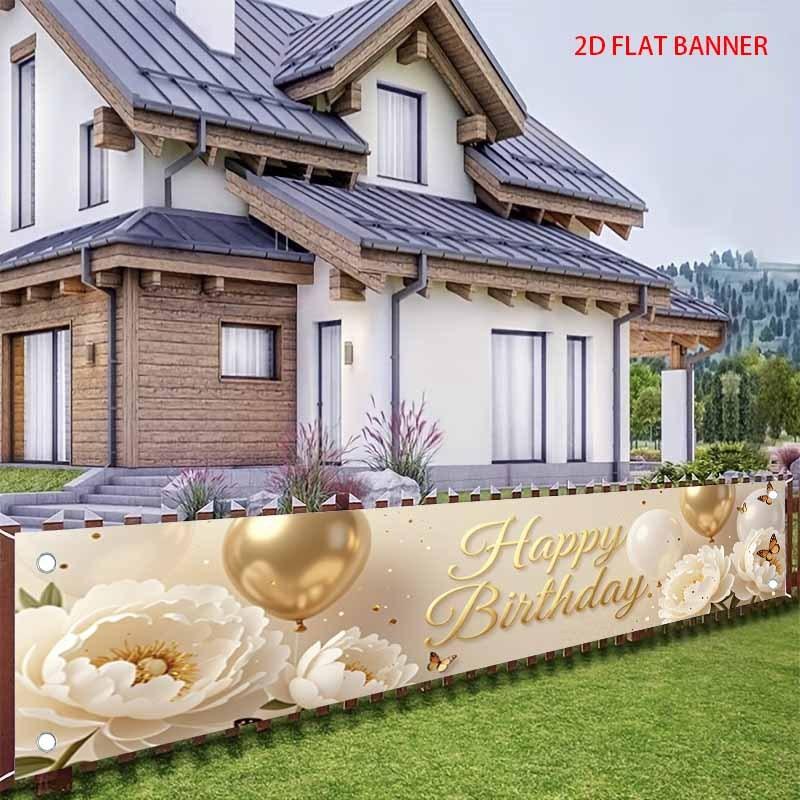 Happy Birthday Fence Banner Champagne Balloon Peony Butterfly Outdoor Yard Decor