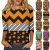 Women's Fashion Casual Round Neck 3/4 Sleeve Loose Halloween Printed T-Shirt Ladies Top