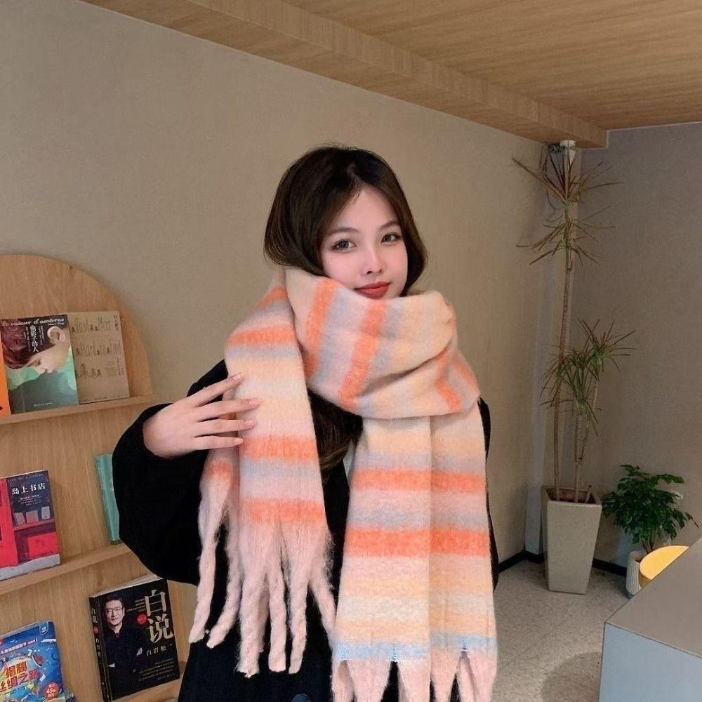 Warm Winter Cashmere Scarf Stripe Pattern Thickened Shawl Wrap Retro Long Tassel Scarves  Women