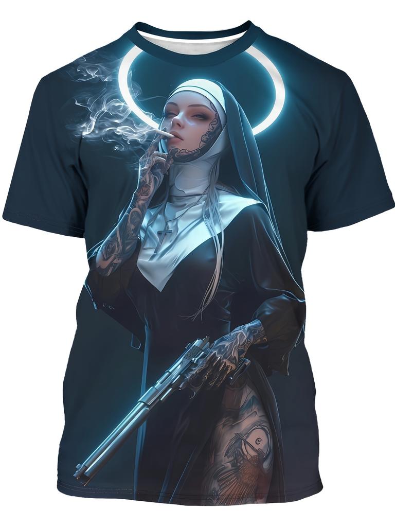Мужская футболка с 3D-принтом "Курящая монашка" Черная Повседневная Летняя С круглым вырезом С коротким рукавом Модная Полиэстер Уличная одежда Футболка Ретро Одежда