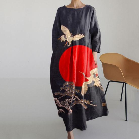 Женское платье трапециевидной формы с цветочным принтом, большим подолом, длинными рукавами, свободный круглый вырез и боковые карманы, плиссированное повседневное платье макси до щиколотки