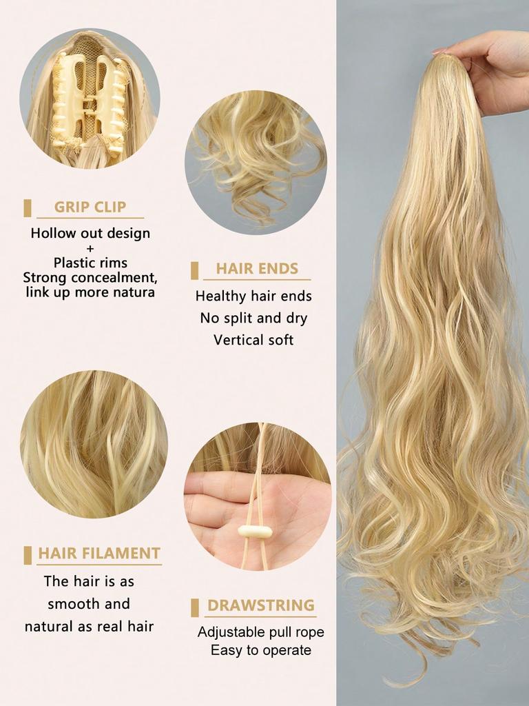 Light Gold Synthetic Graw Clip Big Waves Long Curly Hair Ponytail Hair Extension