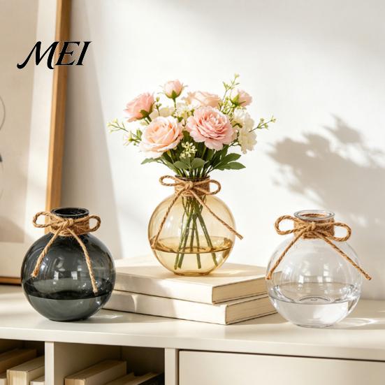 Nordic Style Flower Container Clear Round Resin Vase, Transparent Sphere Pot with Jute Vase for Hydroponic Plants Bow, Modern Plastic Planter Plants,