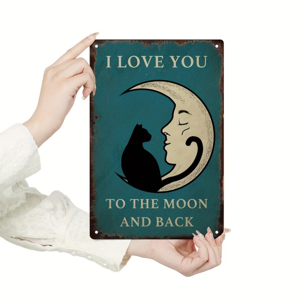 D Vintage Black Cat Crescent Moon Metal Sign Rustic Teal Wall Art with I Love You to the Moon and Back PhraseWall Decor