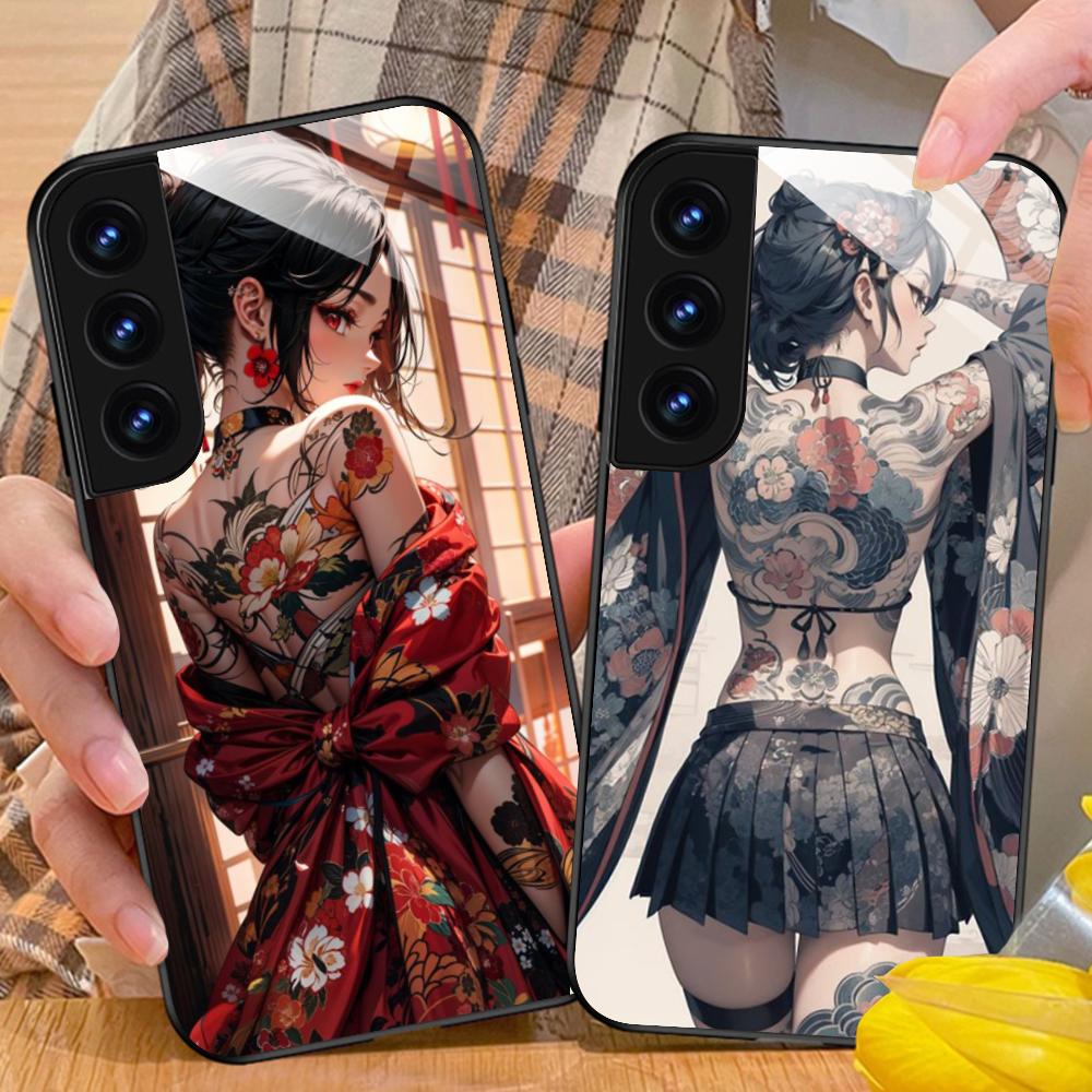Модный Чехол для Телефона с Татуировкой Девушки для Samsung Galaxy A56 55 54 53 52 51 36 35 34 23 16 15 5G Стеклянный Цветной Чехол Обложка