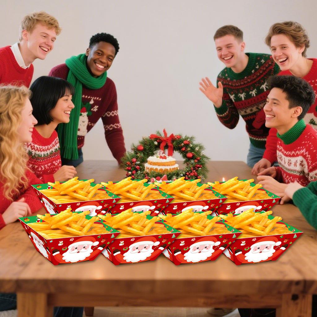 12pcs Christmas Decor Cartoon Santa Claus Pattern Popcorn Box Movie Night Snack Tray Set Xmas New Year Dining Table Decoration