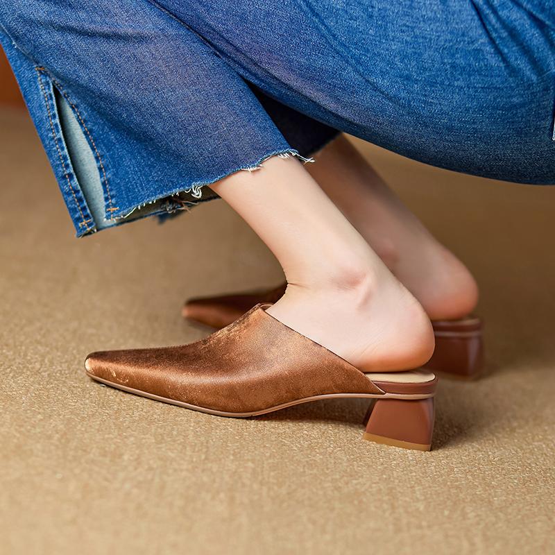 Мода 2025 Лето Женская обувь Натуральная кожа Квадратный носок Женские сандалии Однотонные Современные сандалии для женщин Фигурный каблук Женские мюли