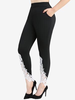 Rosegal Plus Size Леггинсы с аппликациями из листьев и цветов, кружевными карманами