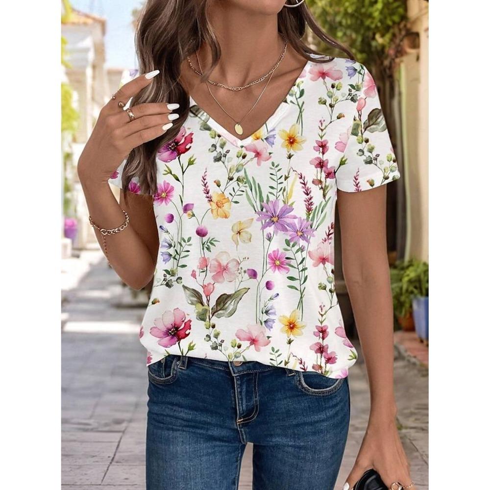 Women's T-shirt Floral Graphic Fashion Short-sleeved V-neck Top