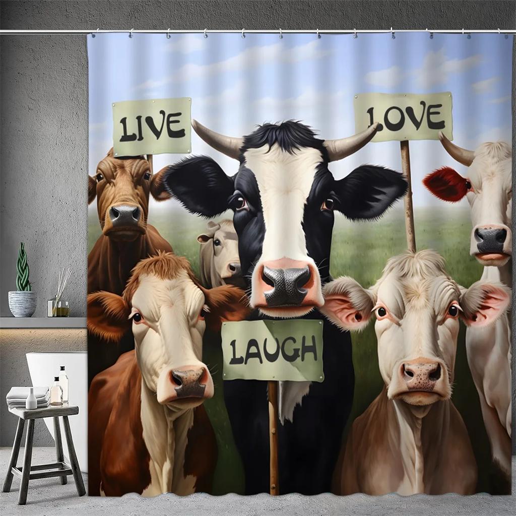Farm Animal Shower Curtain, Oil Painting Farmhouse Barn Door Donkey Cow Pig Sunflower Spring Bathtub Partition Bathroom Decor