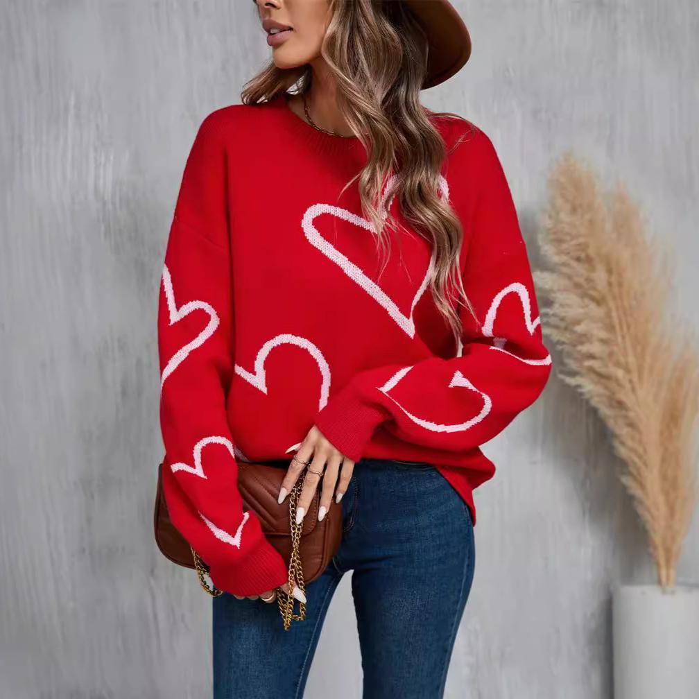 Зимний женский свитер Love Valentine's Day Pullover Large Peach Heart Color Clash Sweater