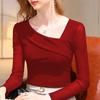 Women's Summer Long Sleeve Top Sexy V-Neck Slim Fit Mesh Bottoming Shirt
