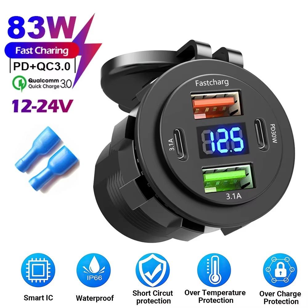Разъем автомобильного зарядного устройства 83 Вт PD30 Вт быстрая зарядка двойной USB+Type C выход адаптер питания для телефона с вольтметром для мотоцикла грузовика лодки
