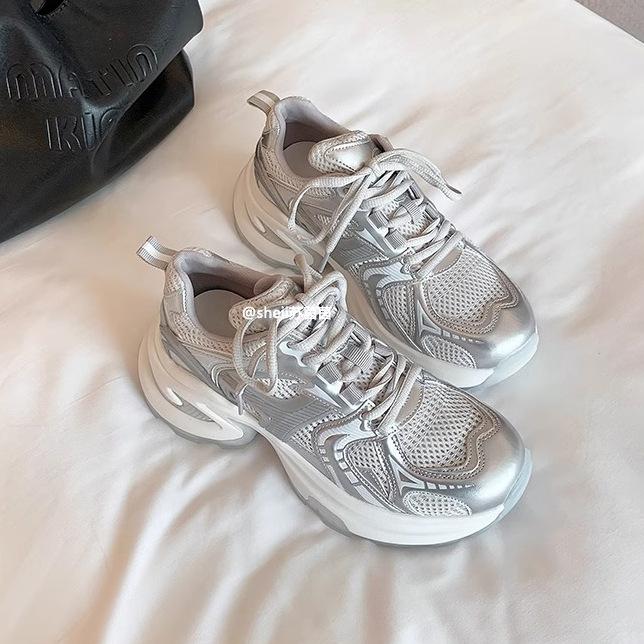 Толстая подошва увеличенная серебристая папина обувь женские летние новые ретро цветные дышащие повседневные кроссовки женские