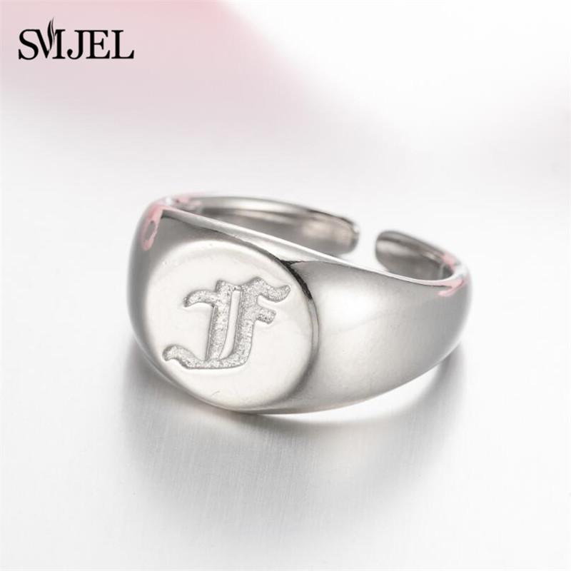SMJEL Gothic Initial Letter Rings Silver Color Ancient Old English Rings Alphabet Personalize Jewelry Family Christmas Gifts
