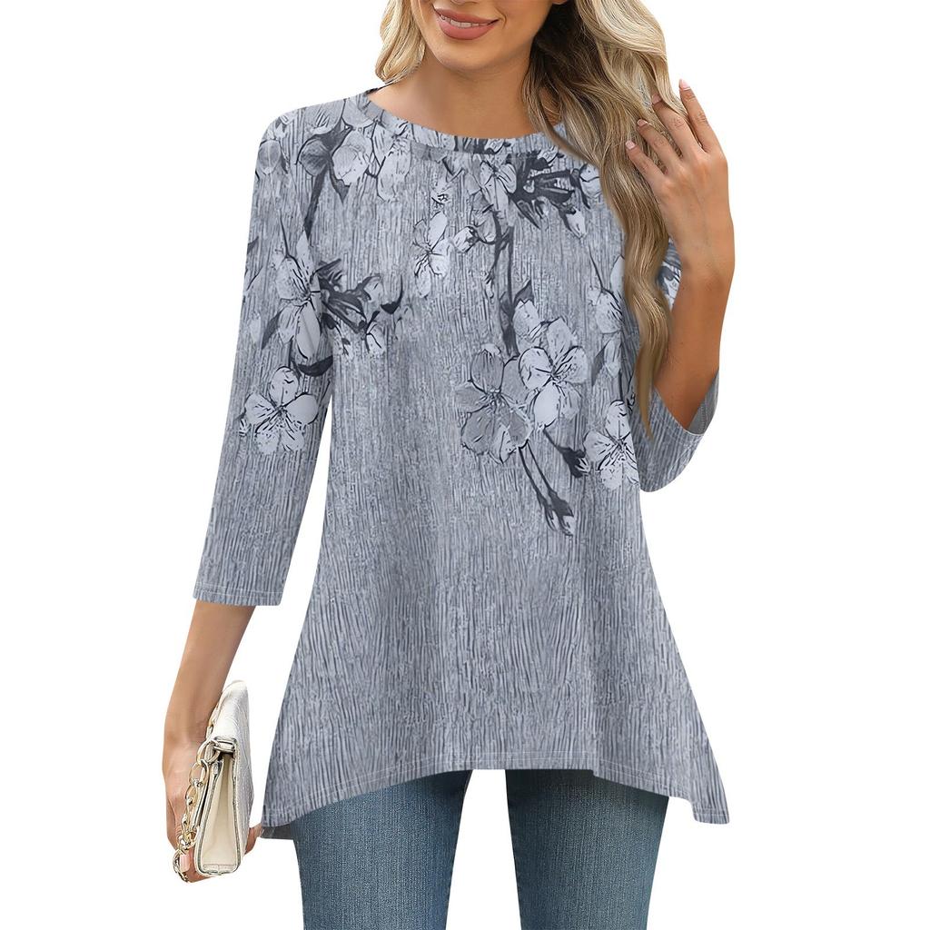 3/4 Sleeve Tunic Tops For Women Printed Daily Weekend Loose Fit Fashion Basic Round Neck T Shirt